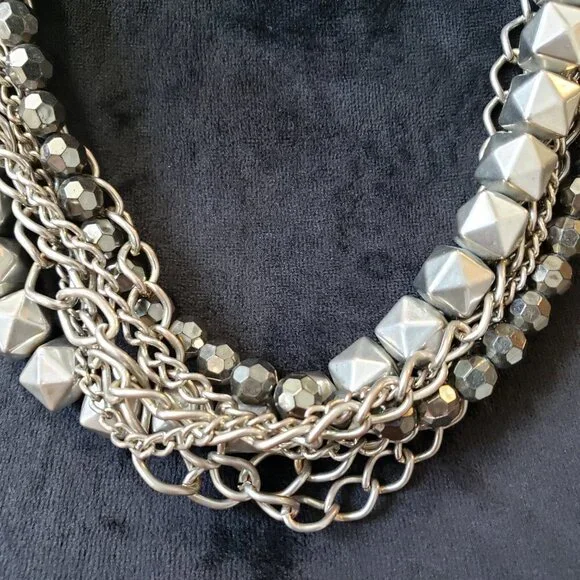 Womens Silver Tone Multiple Strand Chain & Beaded Necklace with Lobster Clasp - Picture 5 of 7